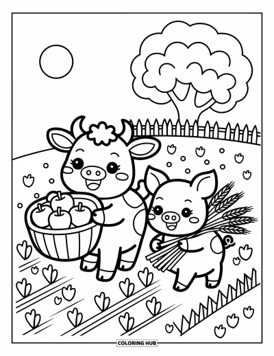 Coloriage de ferme pour adultes : Une vache porte des pommes tandis qu'un cochon tient du blé dans une scène de ferme chaleureuse