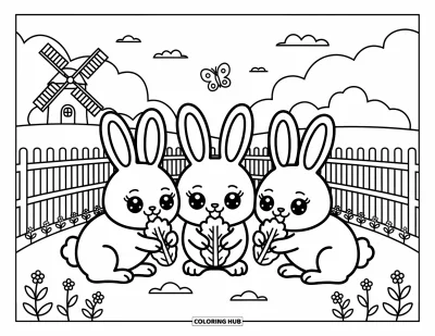Coloriage de ferme pour adultes : Une famille de lapins bien installée grignote des feuilles vertes près d'une jolie clôture