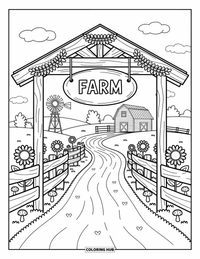 Coloriage de ferme pour adultes : Une entrée de ferme accueillante avec une arche en bois, des tournesols et un chemin de terre