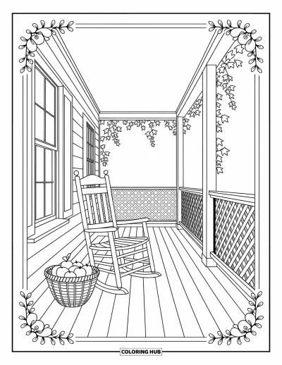 Coloriage de ferme pour adultes : Un porche de ferme accueillant avec une chaise à bascule invitante et un panier de fruits