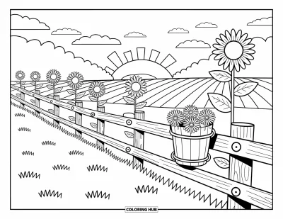 Coloriage de ferme pour adultes : Une clôture en bois chaleureuse avec des tournesols qui se balancent sous un ciel lumineux
