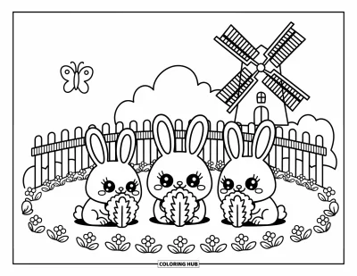 Coloriage de ferme pour adultes : Une adorable famille de lapins grignote de la laitue près d'une clôture en bois