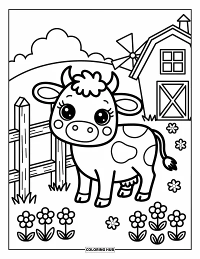 Coloriage de ferme pour adultes : Une vache adorable se tient près d'une clôture, entourée de petites fleurs sauvages