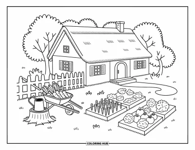 Coloriage de ferme pour adultes : Une jolie ferme avec une brouette de légumes et une clôture en bois