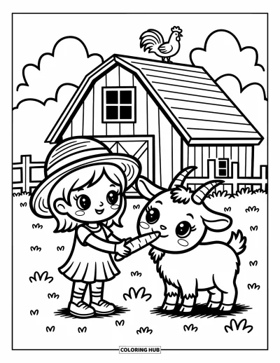 Coloriage de ferme pour adultes : Une chèvre mignonne mange avec enthousiasme une carotte donnée par une gentille fermière