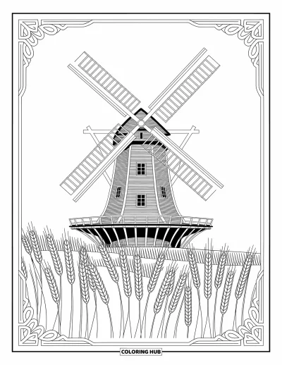 Coloriage de ferme pour adultes : Un moulin à vent décoratif se dresse au milieu de champs de blé luxuriants aux motifs tourbillonnants