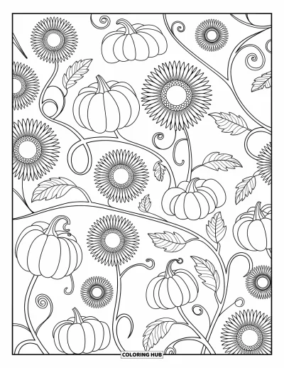 Coloriage de ferme pour adultes : Un délicat mélange de lianes, de citrouilles et de tournesols dans un motif élégant