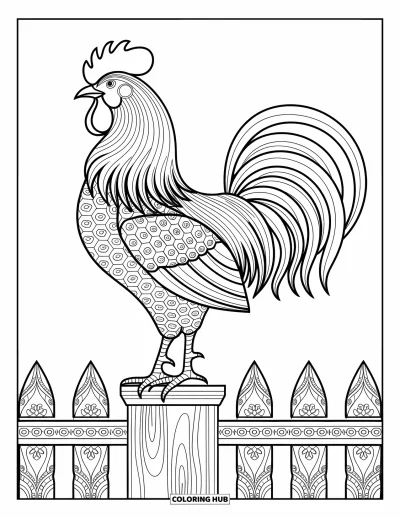 Coloriage de ferme pour adultes : Un gros plan détaillé des plumes à motifs d'un coq perché sur un poteau