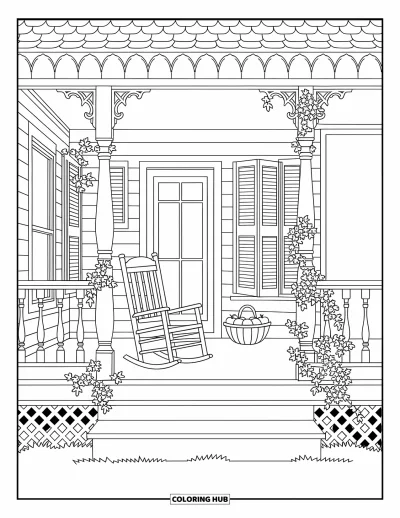 Coloriage de ferme pour adultes : Une scène de porche de campagne détaillée avec une chaise à bascule et des pommes fraîches