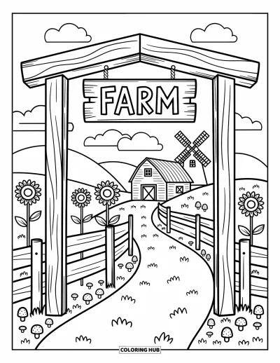 Coloriage de ferme pour adultes : Une entrée de ferme avec un panneau en bois, des collines vallonnées et un ciel joyeux
