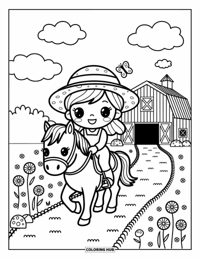 Coloriage de ferme pour adultes : Une fermière au chapeau de paille monte son cheval vers une grange accueillante