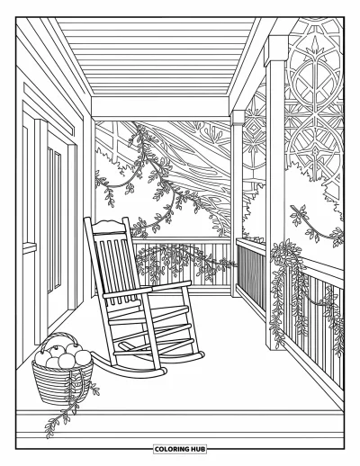 Coloriage de ferme pour adultes : Un porche de ferme avec une chaise à bascule et un panier de pommes