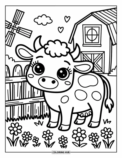 Coloriage de ferme pour adultes : Une vache heureuse regarde au-dessus d'une clôture rustique dans une scène de ferme paisible