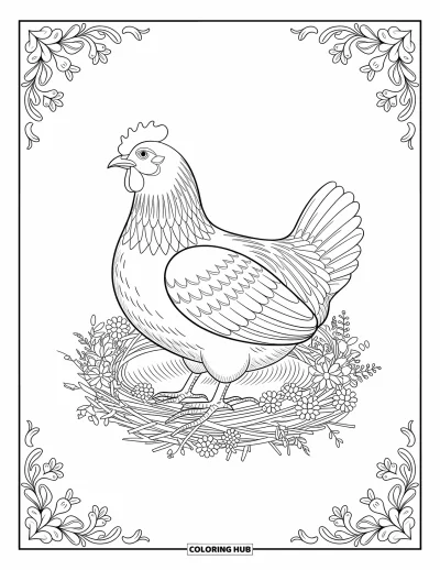 Coloriage de ferme pour adultes : Une poule aux plumes finement ornées fait son nid parmi des fleurs en pleine floraison