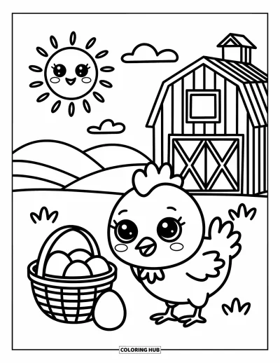 Coloriage de ferme pour adultes : Une poulette style kawaii trouve une surprise dans un petit nid douillet