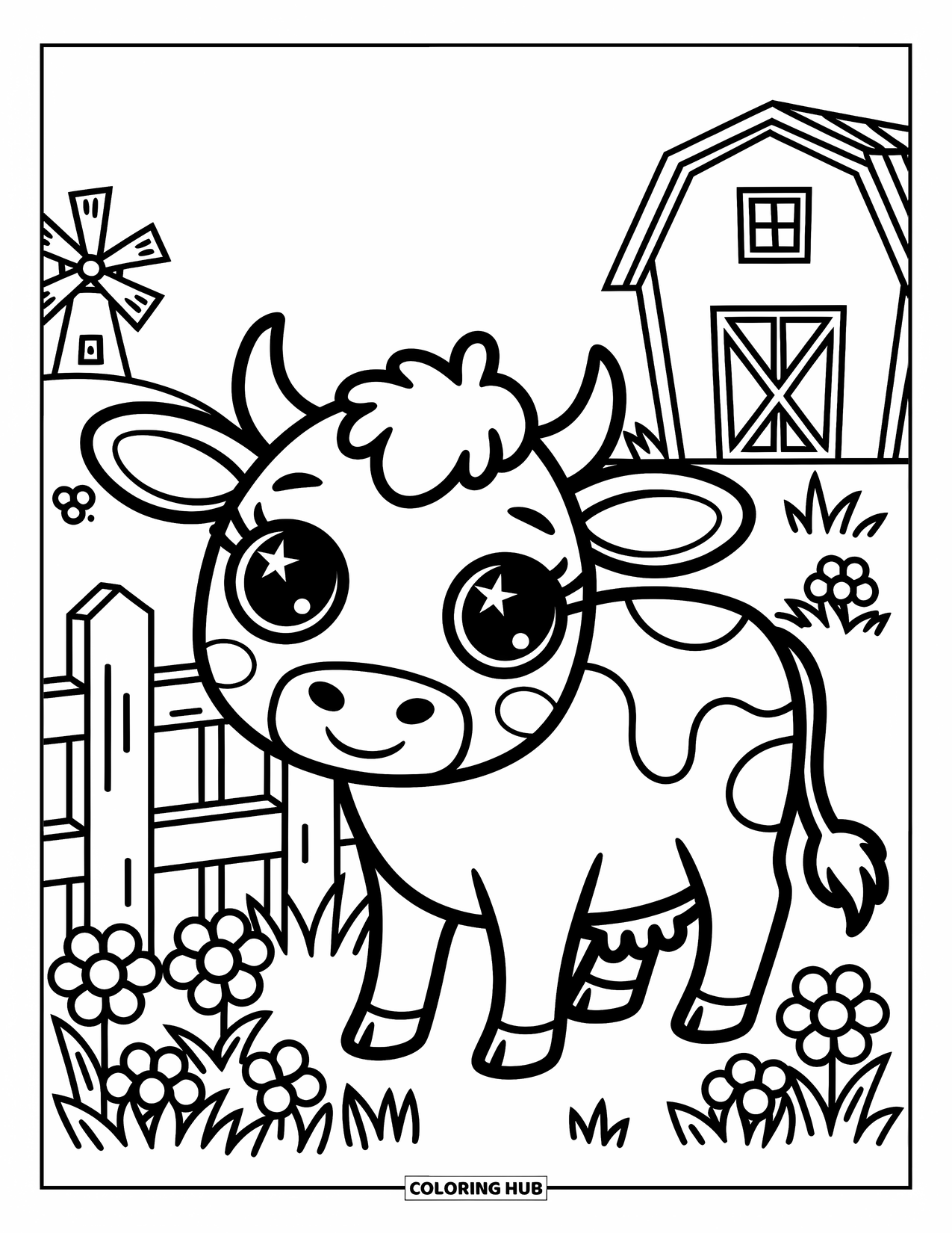 Kolorowanka z farmą dla dorosłych: Krowa kawaii cieszy się jasnym podwórkiem z kwiatami i delikatną bryzą