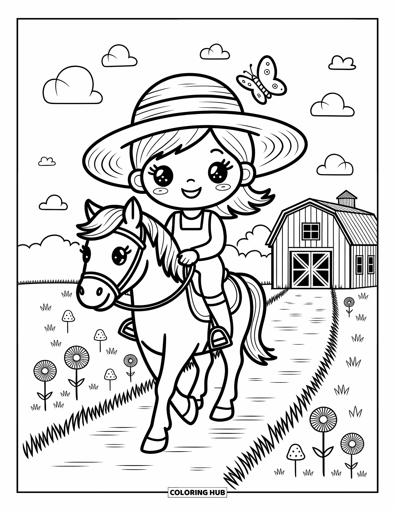 Kolorowanka z farmą dla dorosłych: Dziewczynka-rolniczka kawaii jeździ konno po krętej polnej ścieżce
