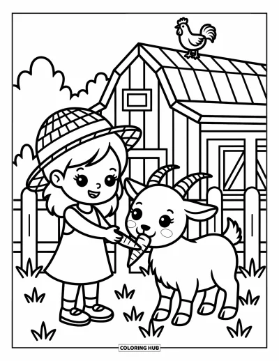 Coloriage de ferme pour adultes : Une petite fille au chapeau de paille donne une carotte à une chèvre amicale