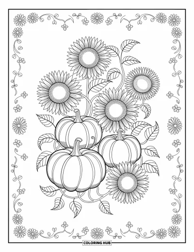 Coloriage de ferme pour adultes : Un bel assemblage de tournesols, de citrouilles et de lianes entrelacées dans un dessin détaillé