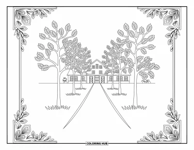 Coloriage de ferme pour adultes : Un chemin de campagne paisible bordé d'arbres serpente vers une ferme