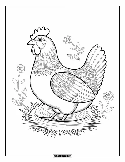 Coloriage de ferme pour adultes : Une poule paisible au nid, entourée de motifs floraux tourbillonnants