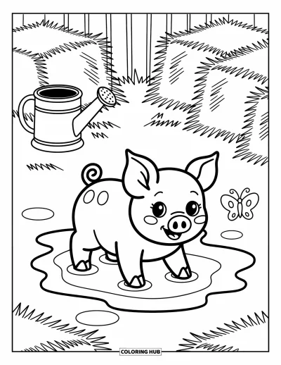 Coloriage de ferme pour adultes : Un porcelet éclabousse joyeusement une flaque boueuse près d'une meule de foin