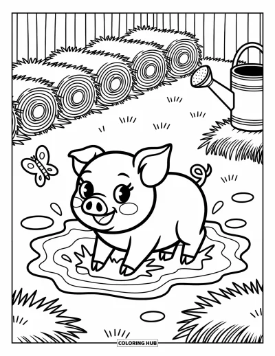 Coloriage de ferme pour adultes : Un porcelet joueur se roule dans la boue pendant qu'un papillon voltige