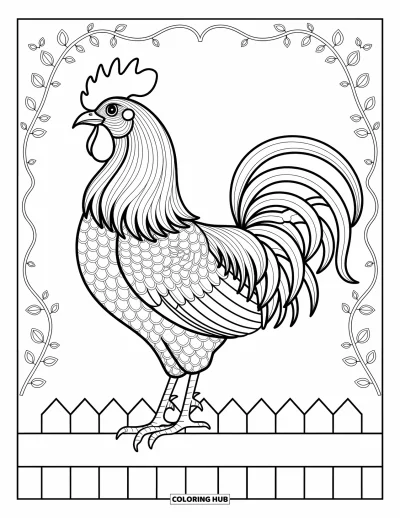 Coloriage de ferme pour adultes : Un coq fier avec des motifs audacieux et des détails de plumes très travaillés