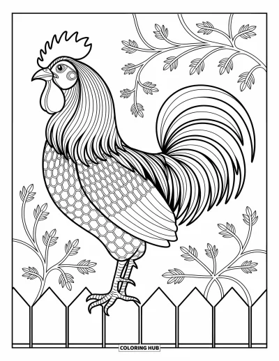 Coloriage de ferme pour adultes : Un coq fier aux plumes détaillées est perché sur une clôture en bois classique