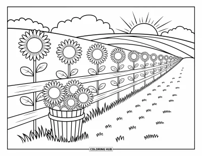 Coloriage de ferme pour adultes : Une clôture rustique avec de lumineux tournesols et un seau de fleurs tout près