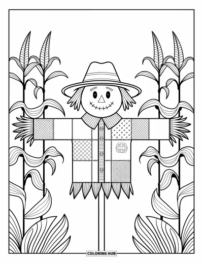 Coloriage de ferme pour adultes : Un épouvantail en chemise rapiécée surveille les récoltes dorées