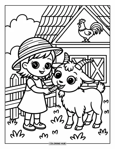 Coloriage de ferme pour adultes : Une petite fille et sa chèvre prennent un goûter près d'une clôture de ferme chaleureuse