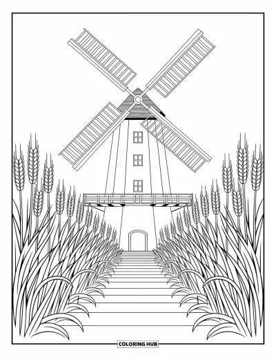 Coloriage de ferme pour adultes : Un grand moulin à vent aux pales en bois minutieusement dessinées surplombe des champs de blé dorés