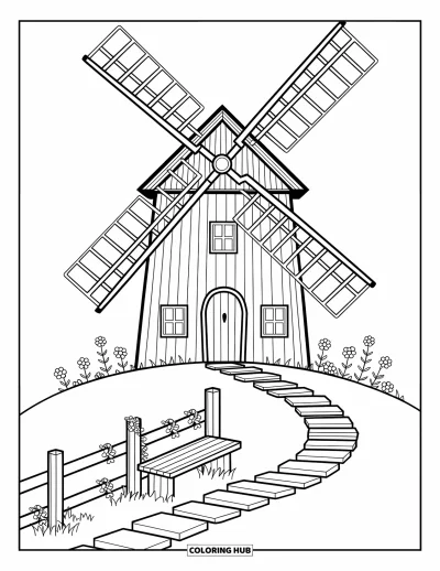 Coloriage de ferme pour adultes : Un haut moulin à vent en bois sur une colline domine la ferme paisible