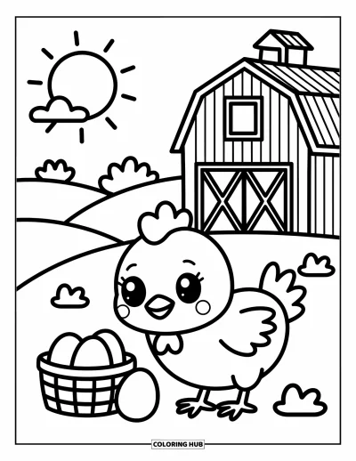 Coloriage de ferme pour adultes : Un petit poussin explore avec curiosité près d'un panier d'œufs encore chauds