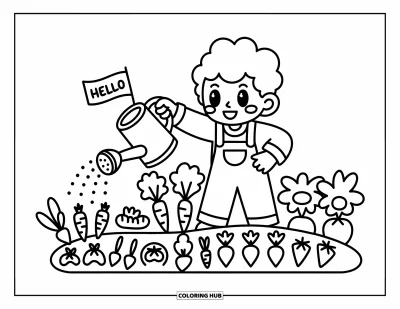 Coloriage de ferme pour adultes : Un petit ver pointe le bout de son nez pendant qu'un fermier arrose un potager de légumes frais