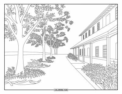 Coloriage de ferme pour adultes : Un sentier bordé d'arbres mène à une ferme rustique riche en détails