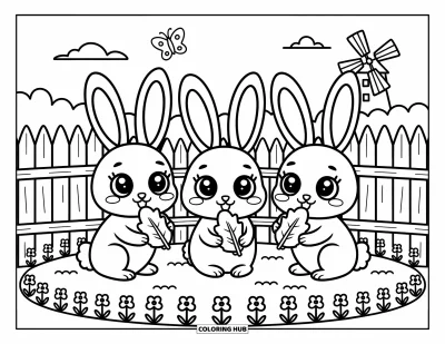 Coloriage de ferme pour adultes : Un trio de lapins croque des légumes pendant qu'un papillon virevolte