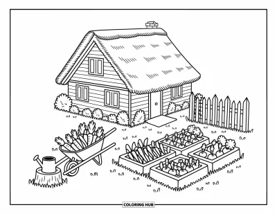 Coloriage de ferme pour adultes : Une ferme accueillante avec un jardin rempli de produits frais en fleurs
