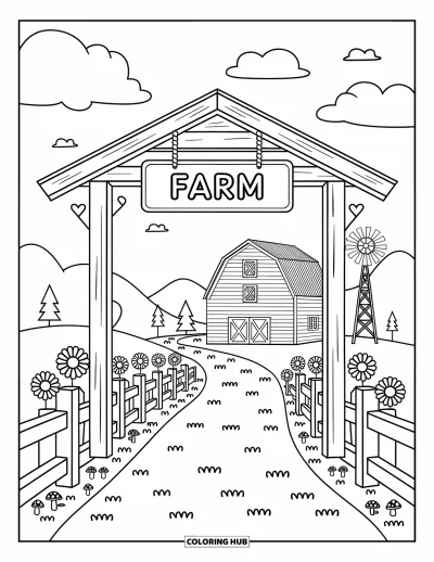Coloriage de ferme pour adultes : Un portail de ferme fantaisiste avec un panneau mène à une grange pittoresque et un moulin à vent