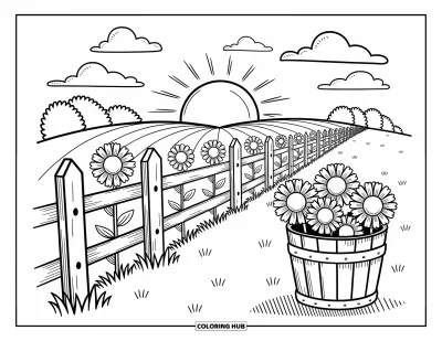 Coloriage de ferme pour adultes : Une clôture en bois s'étire à travers un champ bordé de grands tournesols