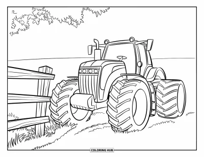 Coloriage de ferme pour enfants : Un grand tracteur aux roues surdimensionnées est stationné près d'une clôture en bois