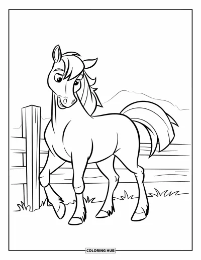 Coloriage de ferme pour enfants : Un cheval calme remue la queue en restant dans le pâturage