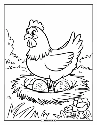 Coloriage de ferme pour enfants : Une poule attentionnée est assise sur son nid pour protéger ses petits œufs