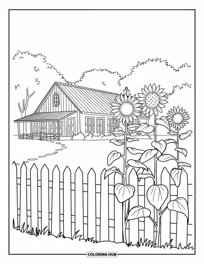Coloriage de ferme pour enfants : Une charmante maison de campagne avec de grands tournesols et une clôture blanche