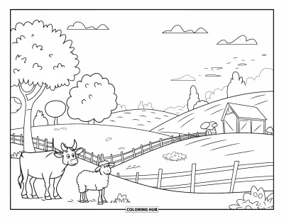 Coloriage de ferme pour enfants : Une scène de ferme charmante avec des vaches, des arbres et une clôture en bois classique