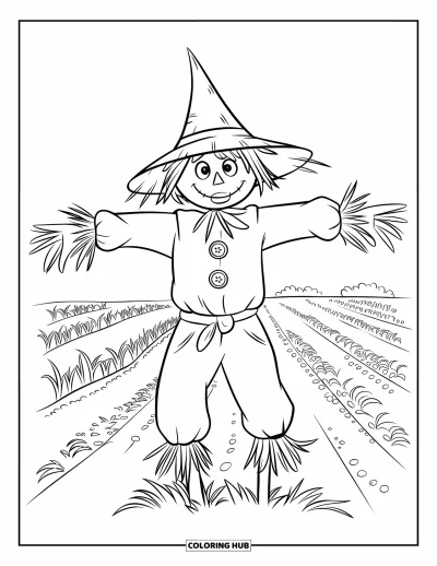 Coloriage de ferme pour enfants : Un épouvantail charmant se tient parmi les lianes et les hautes tiges ondulantes