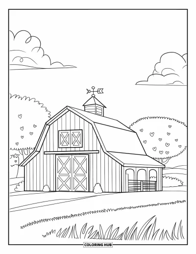 Coloriage de ferme pour enfants : Une grange de ferme classique avec une girouette et un chemin de terre qui y mène