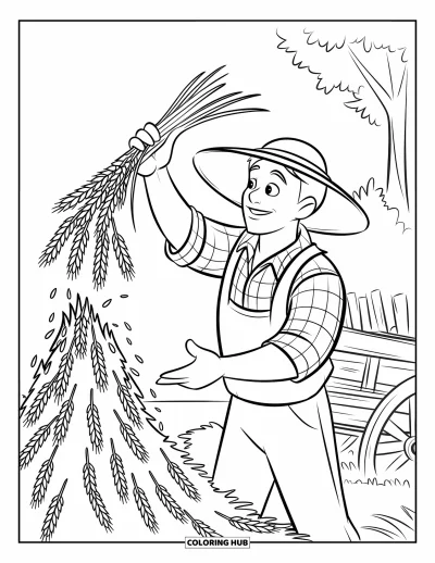 Coloriage de ferme pour enfants : Une scène de ferme classique avec un fermier qui jette du blé dans une charrette en bois