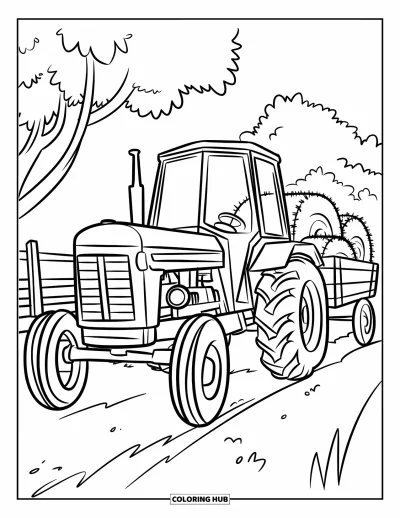 Coloriage de ferme pour enfants : Un tracteur de ferme classique avec une charrette remplie de foin sur un chemin de campagne